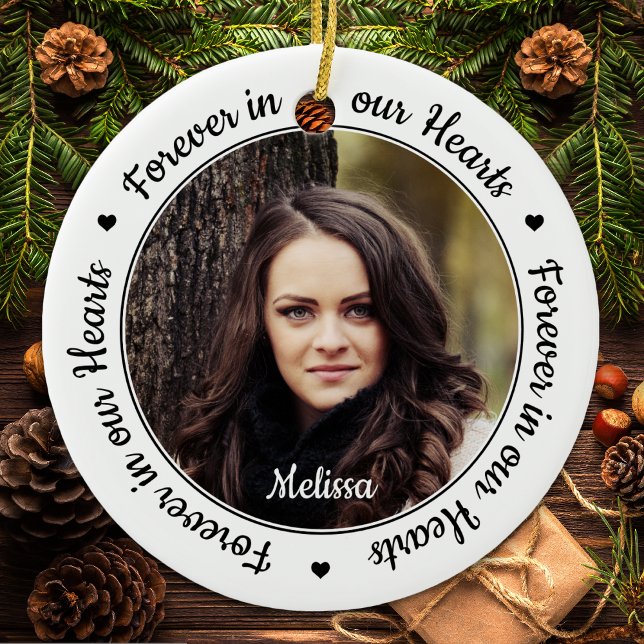 Modern 2 Photo Memorial Forever in our Hearts Ceramic Ornament (Creator Uploaded)