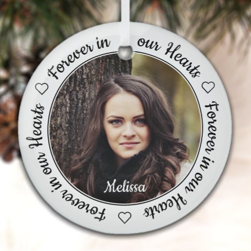 Modern 2 Photo Memorial Forever in our Hearts Glass Ornament