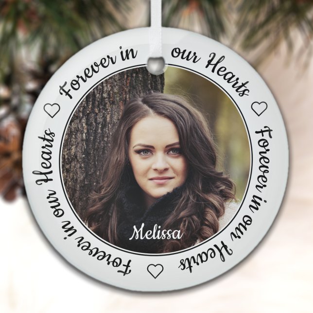 Modern 2 Photo Memorial Forever in our Hearts Glass Ornament (Creator Uploaded)