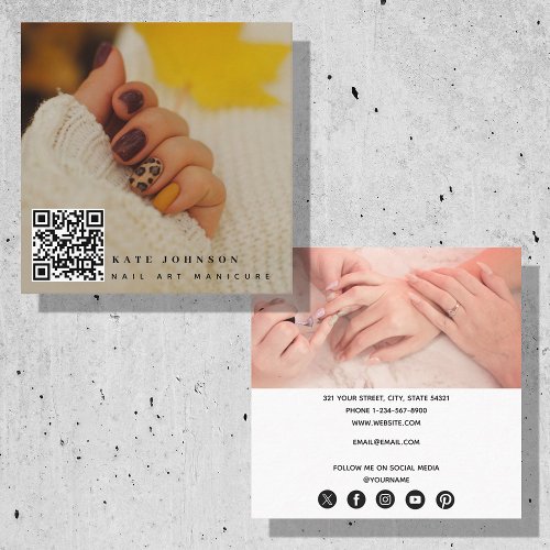 Modern 2 Photo Nail Art Manicure QR Code Square Business Card