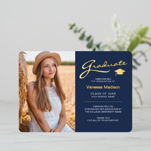 Modern 2 Photo Navy Blue & Gold Foil Grad Card | Zazzle