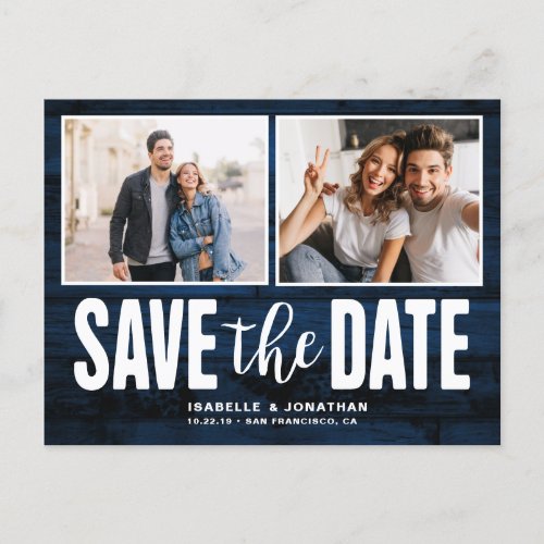 Modern 2 Photo Navy Blue Wood Save the Date Announcement Postcard