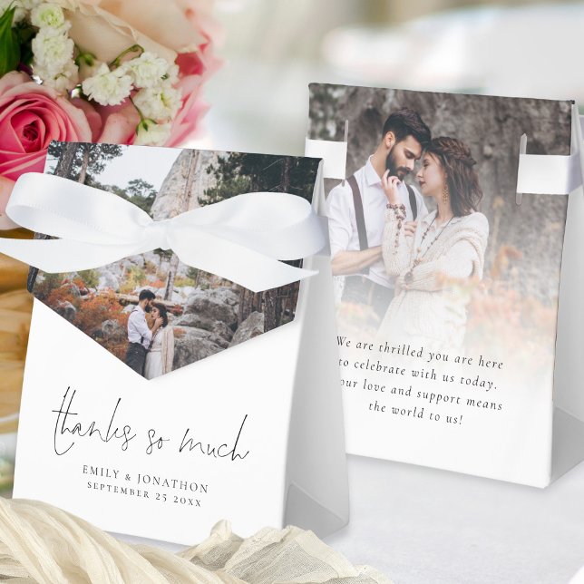 Modern 2 Photo Overlay Thank You Wedding Favor Boxes (Front and back view)