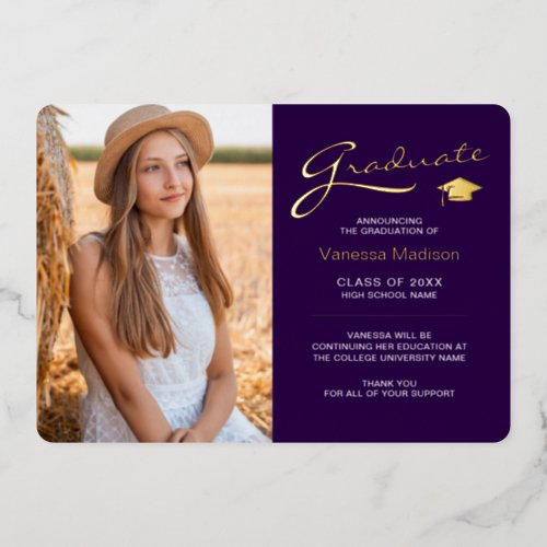 Modern 2 Photo Purple White  Gold Foil Grad Card