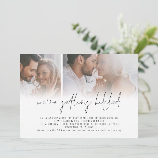 Modern 2 Photo QR Code Getting Hitched Wedding Invitation (Standing Front)