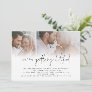 Modern 2 Photo QR Code Getting Hitched Wedding Invitation