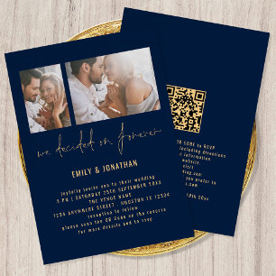 Modern 2 Photo QR Code Navy Gold Wedding Invitation