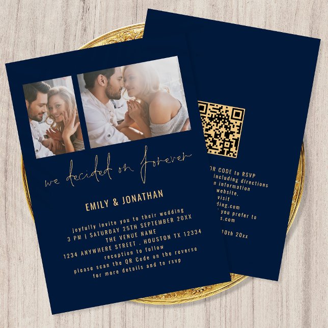 Modern 2 Photo QR Code Navy Gold Wedding Invitation (Creator Uploaded)