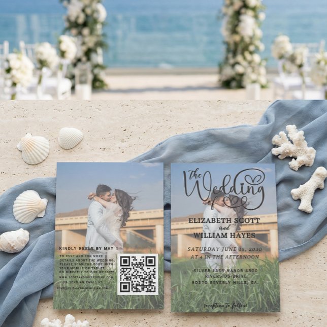 Modern 2 Photo QR Code Romantic Script Wedding Inv Invitation (Creator Uploaded)