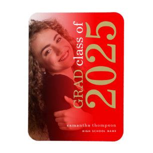 Modern 2 photo Red Gold 2025 Graduation Announceme Magnet