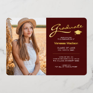Modern 2 Photo Red White & Gold Foil Grad Card