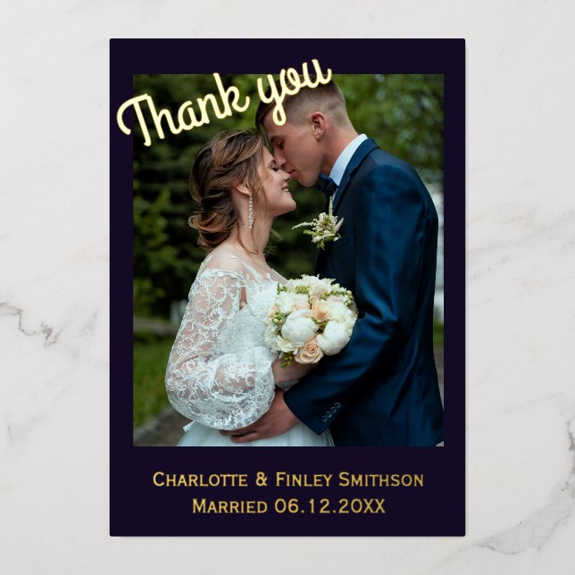 Modern 2 photo rose  foil wedding thank you card (Front)