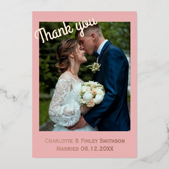 Modern 2 photo rose  foil wedding thank you card (Front)