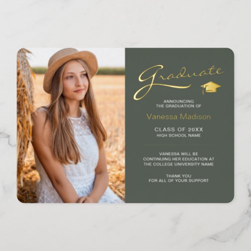 Modern 2 Photo Sage Green  Gold Foil Grad Card