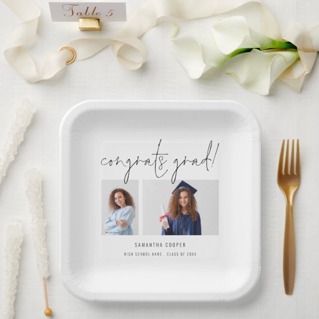 Modern 2 Photo Script Congrats Graduation Party Paper Plates (Wedding)