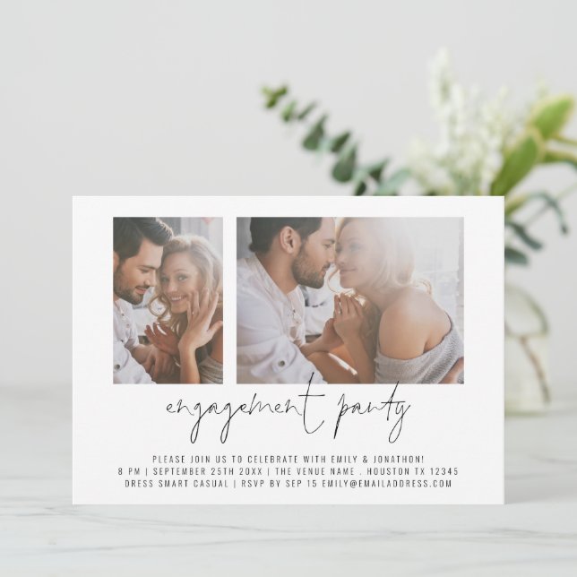 Modern 2 Photo Script Engagement Party Invitation (Standing Front)