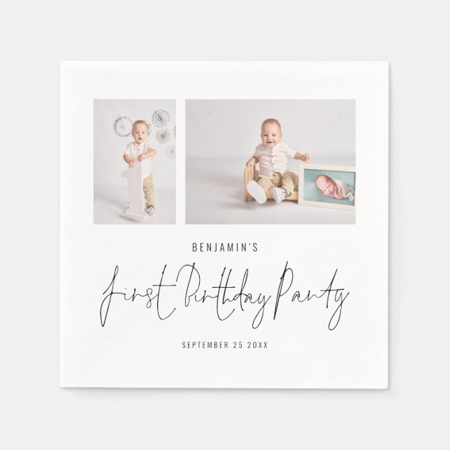 Modern 2 Photo Script First Birthday Party Napkins (Front)