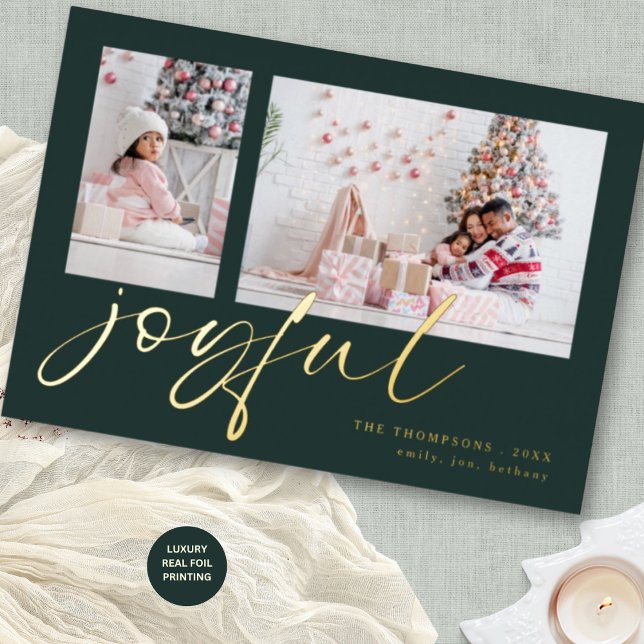 Modern 2 Photo Script Joyful Christmas Green Foil Holiday Card (Closer view)