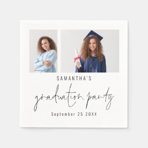 Modern 2 Photo Script Name Date Graduation Party  Napkins