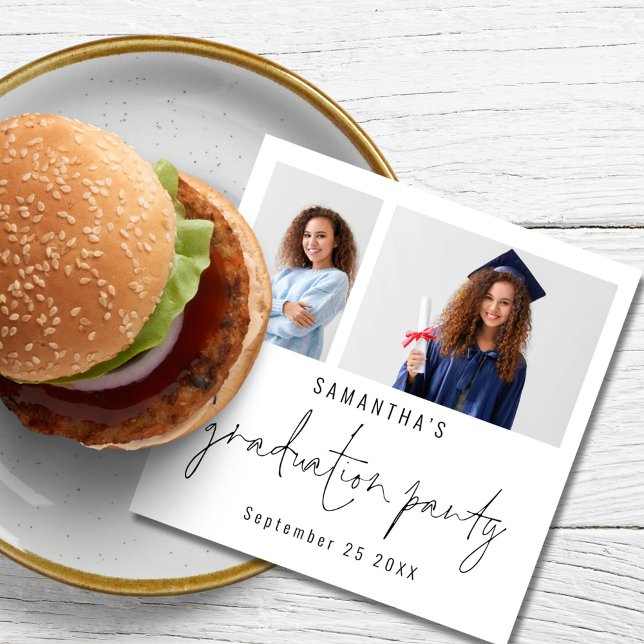 Modern 2 Photo Script Name Date Graduation Party  Napkins (Creator Uploaded)