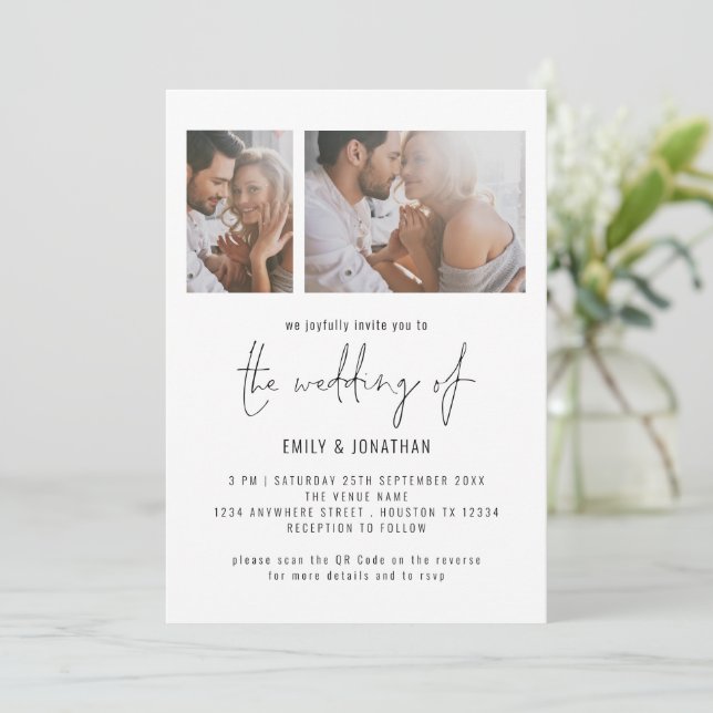Modern 2 Photo Script QR Code Wedding Invitation (Standing Front)