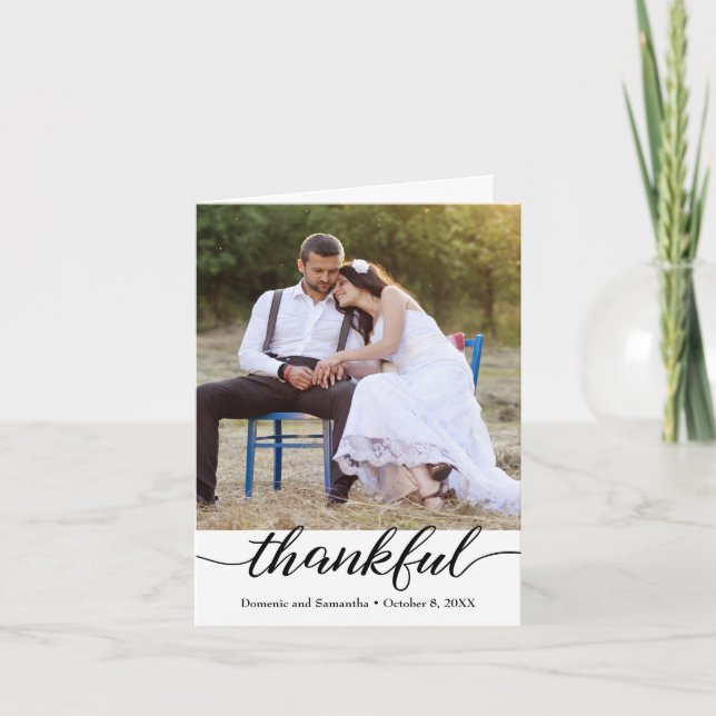 Modern 2 photo script thankful Wedding Letterpress Thank You Card (Front)