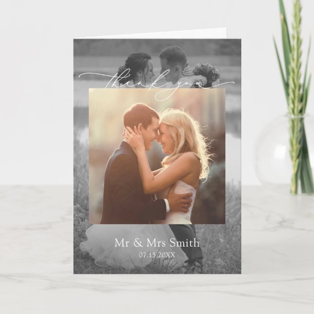 Modern 2 Photo Script Wedding Thank You Message Card (Front)