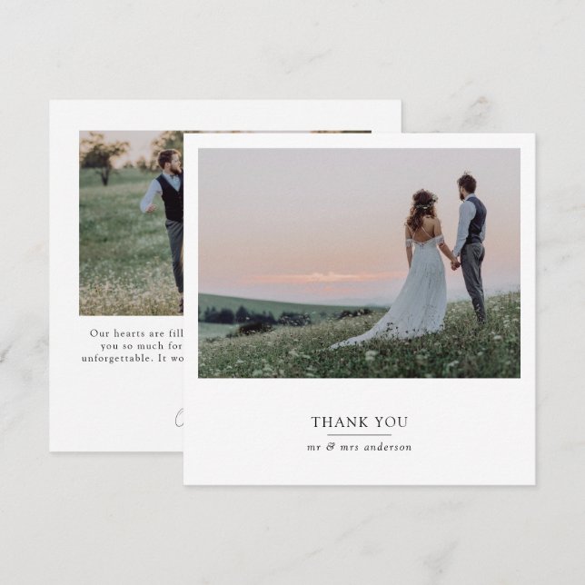 Modern 2 Photo Square Wedding  Thank You Card (Front/Back)