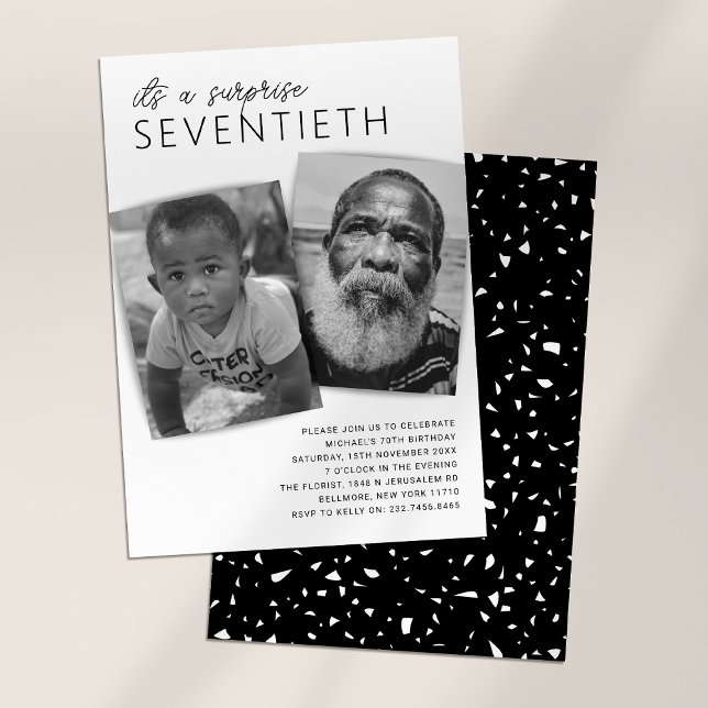Modern 2 Photo Surprise 70th Birthday Party Invitation (Creator Uploaded)