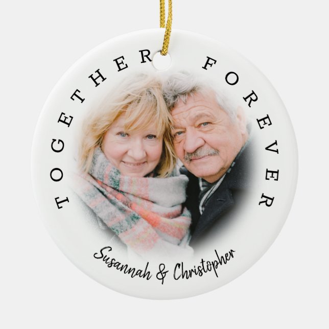 Modern 2 Photo Together Forever Ceramic Ornament (Front)