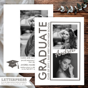 Modern 2 Photo Vertical Black and White Graduation Letterpress Photo Cards