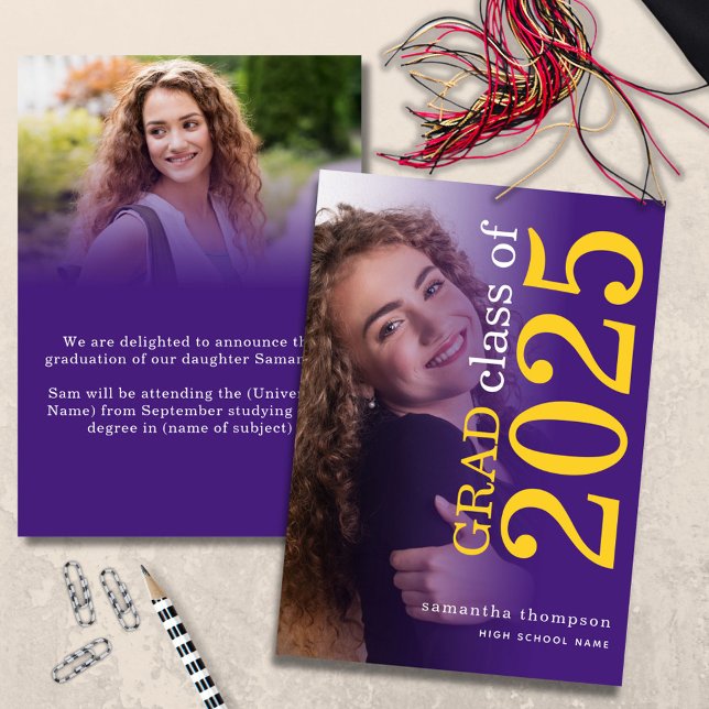 Modern 2 photo Yellow Purple 2025 Graduation Announcement (front and back view)