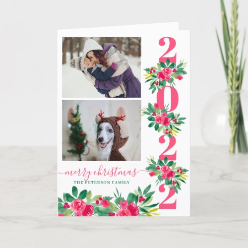 Modern 2 photos 2020 Christmas floral watercolor Holiday Card