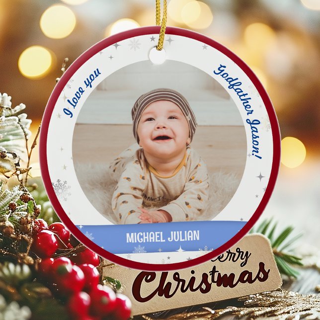 Modern 2 Photos Baby Boy 1st Christmas Godfather Ceramic Ornament (Cute Modern Elegant Personalized First Christmas Baby I love you Godfather Baby Boy 2 Photos Snow)