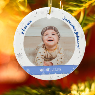Modern 2 Photos Baby Boy 1st Christmas Godmother Ceramic Ornament