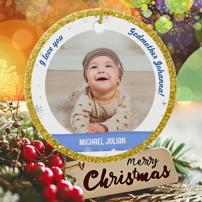 Modern 2 Photos Baby Boy 1st Christmas Godmother Ceramic Ornament (Modern Elegant Cute I love you, Godmother First Christmas Baby Boy 2 Photos Golden Faux Glitter Snow)