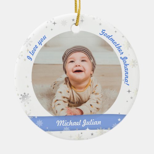 Modern 2 Photos Baby Boy 1st Christmas Godmother Ceramic Ornament