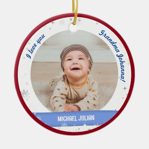 Modern 2 Photos Baby Boy First Christmas Grandma Ceramic Ornament