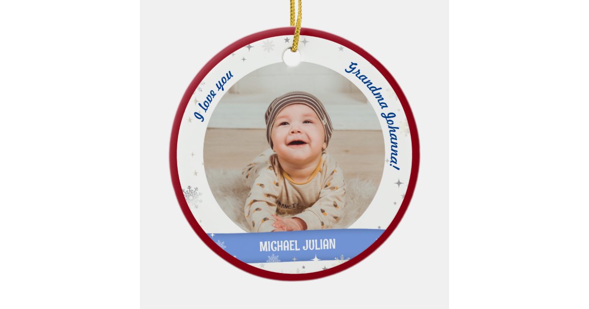 Modern 2 Photos Baby Boy First Christmas Grandma Ceramic Ornament | Zazzle