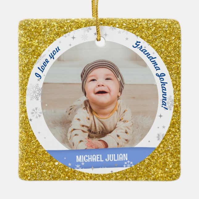Modern 2 Photos Baby Boy First Christmas Grandma Ceramic Ornament (Front)