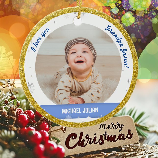 Modern 2 Photos Baby Boy First Christmas Grandpa Ceramic Ornament (Modern Elegant Cute I love you, Grandpa! First Christmas Baby Boy 2 Photos Golden Faux Glitter Snow)