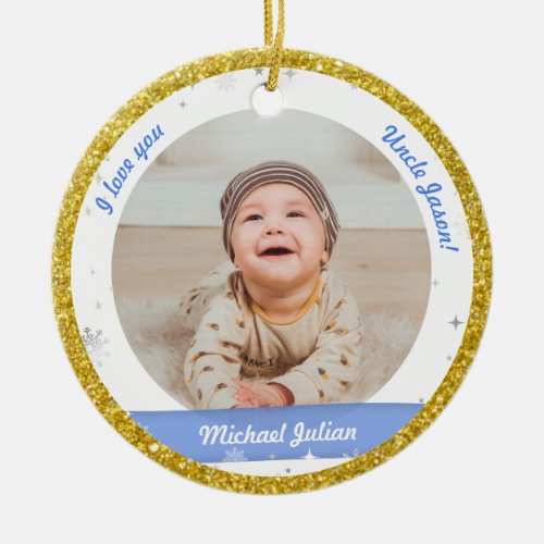 Modern 2 Photos Baby Boy First Christmas Uncle Cer Ceramic Ornament