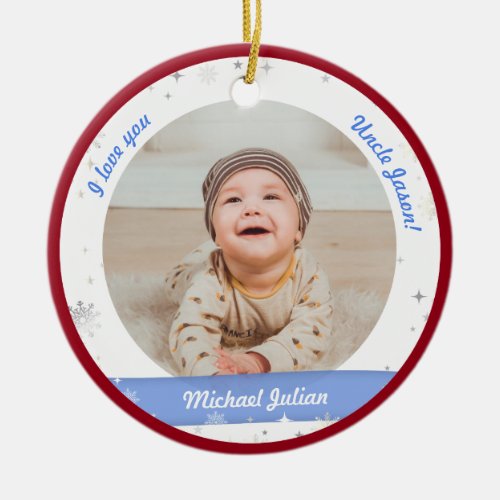 Modern 2 Photos Baby Boy First Christmas Uncle Ceramic Ornament