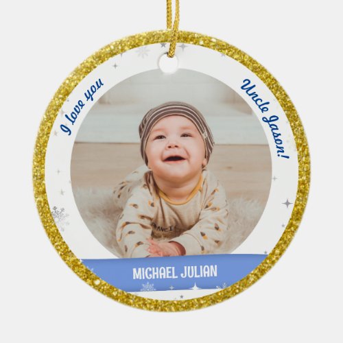 Modern 2 Photos Baby Boy First Christmas Uncle Ceramic Ornament