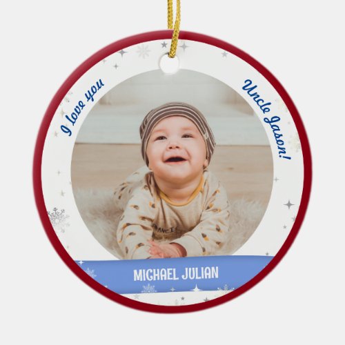 Modern 2 Photos Baby Boy First Christmas Uncle Ceramic Ornament