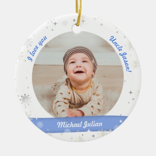 Modern 2 Photos Baby Boy First Christmas Uncle Ceramic Ornament