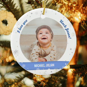 Modern 2 Photos Baby Boy First Christmas Uncle Ceramic Ornament