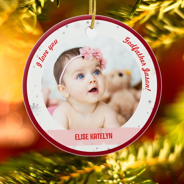Modern 2 Photos Baby Girl 1st Christmas Godfather Ceramic Ornament (Cute Modern Elegant Personalized First Christmas Baby We love Godfather Twin Girls 2 Photos Snow)