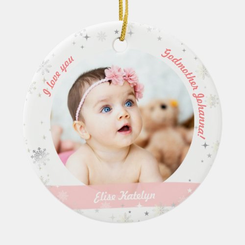 Modern 2 Photos Baby Girl 1st Christmas Godmother Ceramic Ornament