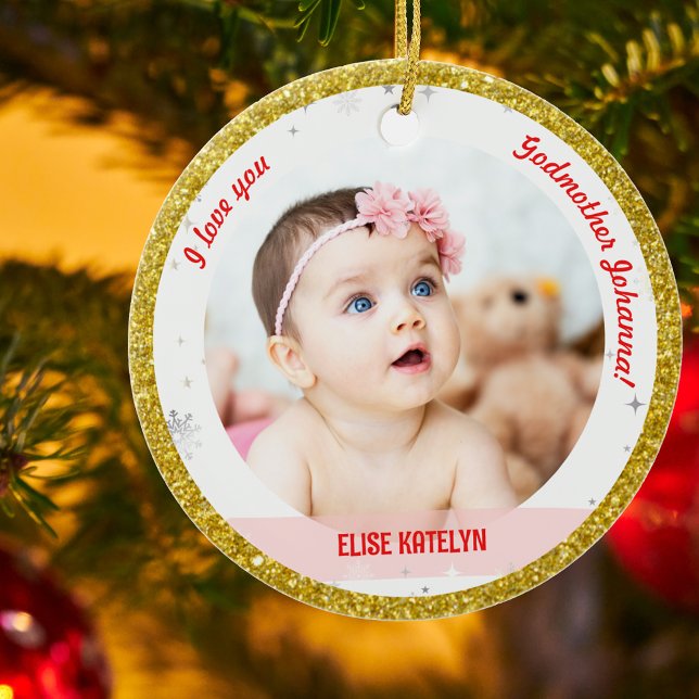 Modern 2 Photos Baby Girl 1st Christmas Godmother  Ceramic Ornament (Modern Elegant Cute I love you, Godmother! First Christmas Baby Girl 2 Photos Golden Faux Glitter)